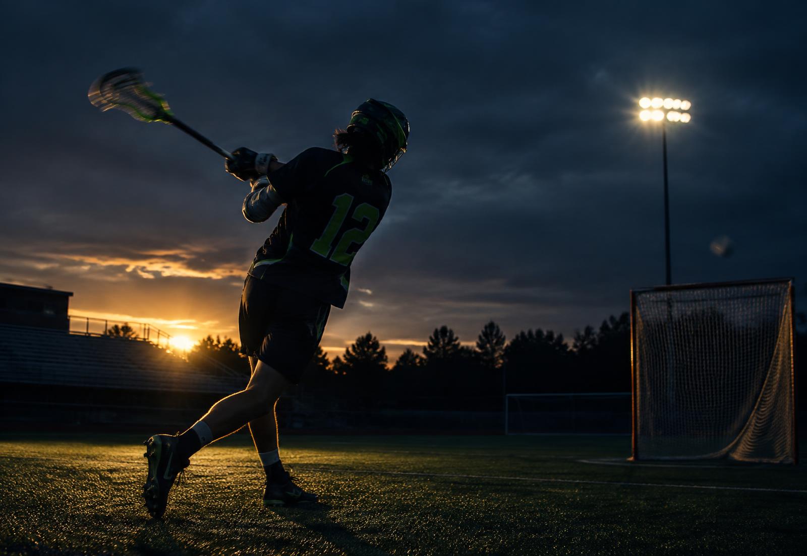 Youth lacrosse player training at dusk